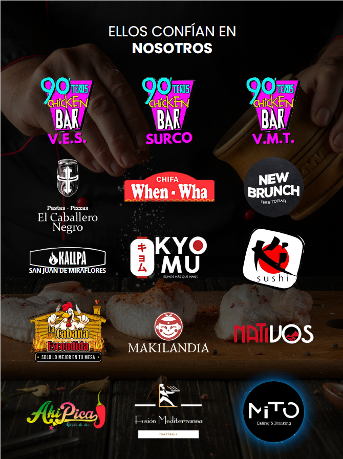 Logos de clientes: 90teros Chicken Bar, Chifa When Wha, New Brunch Restobar, El Caballero Negro, Kallpa, Kyo Mu, Sushi, La Cabaña Escondida, Makilandia, Nativos, Ahi Pica, Fusion Mediterranea, Mito